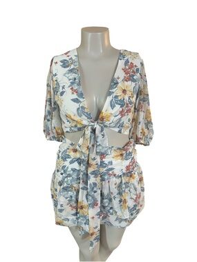 Floral Tie-Front Mini skirt-top set in Cream and Blue